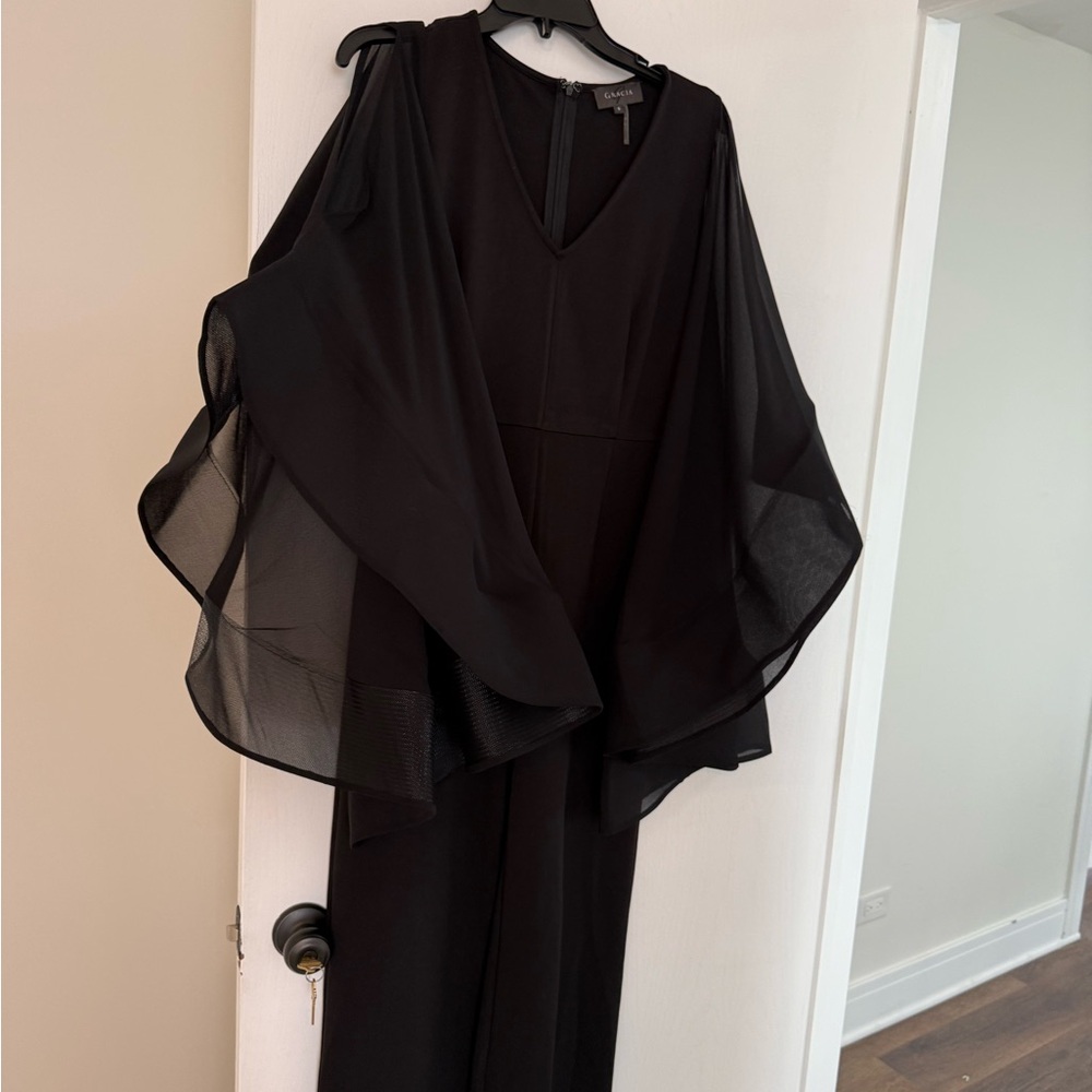 Gracia Black Jumpsuit with Sheer Cape Sleeves